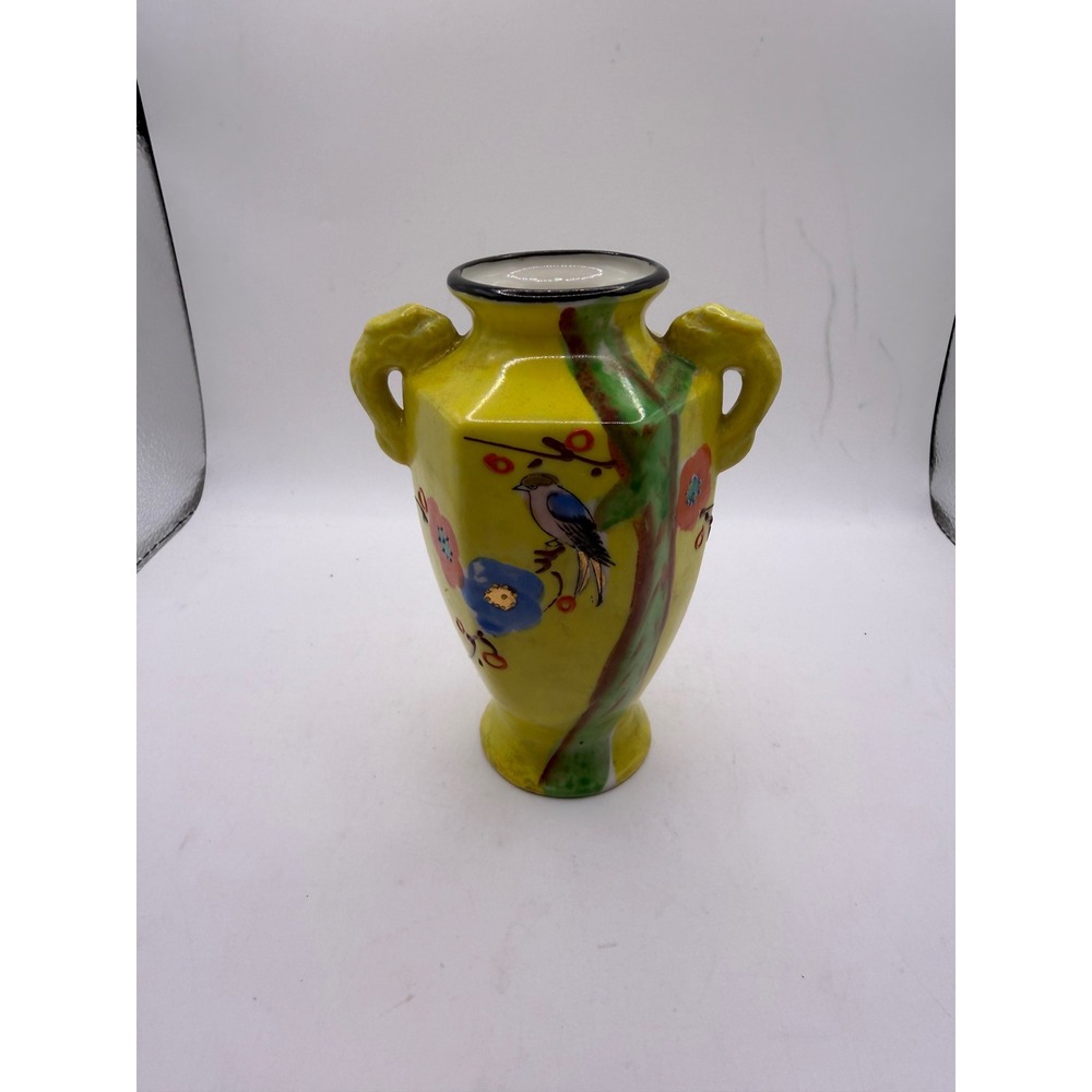Vintage Made in Japan Yellow Porcelain Bud Vase Bird Floral Elephant Handles 5"